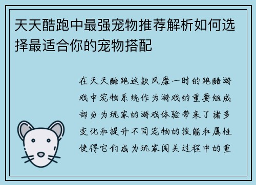 天天酷跑中最强宠物推荐解析如何选择最适合你的宠物搭配